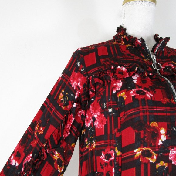 Asos Red Black Floral Plaid Long Sleeve Midi Dress 8 - Picture 4 of 13